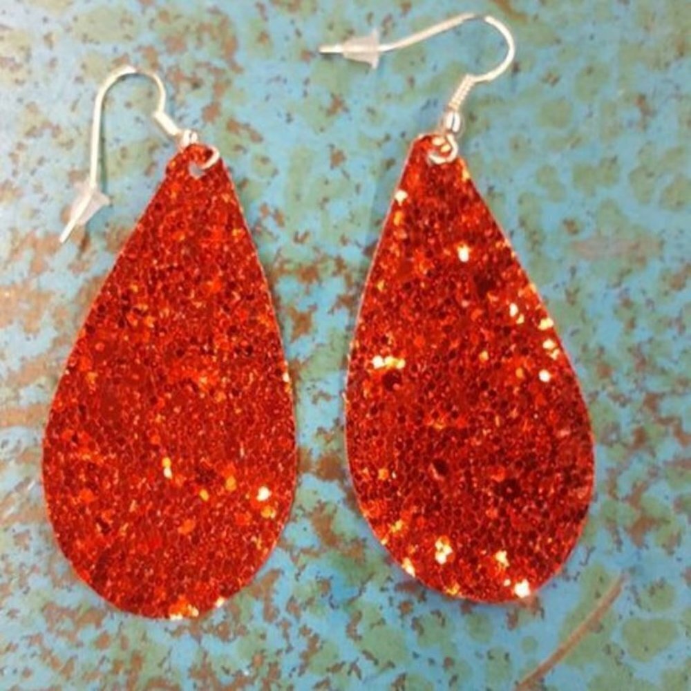 Red Sparkle Glitter Canvas Teardrop Earrings